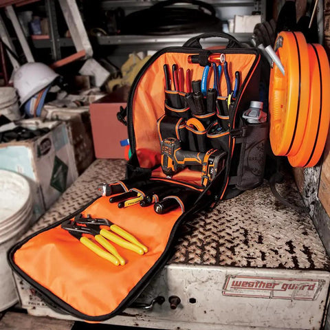 Heavy Duty Jobsite Ready Workhorse Tool Backpack With 21 Pockets And Large Interior Water Resistant 1680D Ballistic Weave