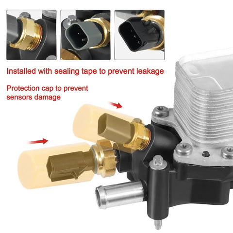 Heavy Duty Full Aluminum Engine Oil Cooler And Filter Housing Kit With Sensors And Seal Set For Dodge Chrysler And Jeep 3.6L showing sensor connections and sealing features.
