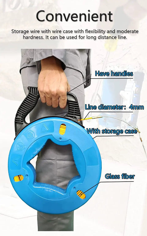 Person holding Beefy Steel Wire Puller Tape 200 Foot Long One Sixth Inch Wire Diameter With Handy Storage Case for attic wiring