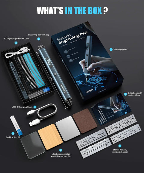 Engraving pen kit with LED light, 31 bits, USB-C cable, carbide burr bit, stencils, and guidebook in packaging box.