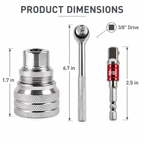 Adjustable Universal Socket Wrench For 38 Inch Drive Ratchet And Torque Adapter Three Piece Set dimensions with sizes labeled.