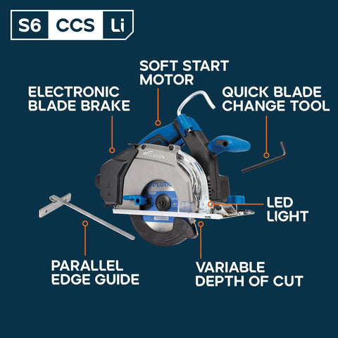 6 1/2 Inch Cordless Circular Saw With Kickass Cold Cut Design For Spark Free Steel Slicing, features LED light, electronic brake.