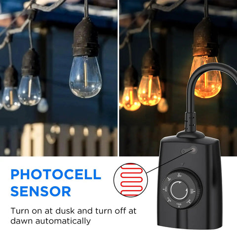 Built Tough Outdoor Dusk To Dawn Sensor Timer with dual outlets and photocell sensor for automatic lighting control.