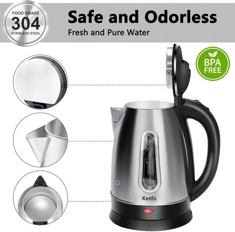 Stainless Steel Electric Kettle 1.8L With 1100W Rapid Boil, BPA Free Tea And Coffee Maker, Auto Shut Off, 360 Degree Swivel Base