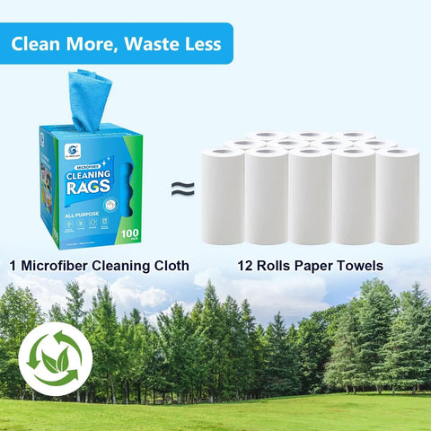 Front view of GLIMGLINT blue microfiber cleaning cloth box beside 12 rolls paper towels