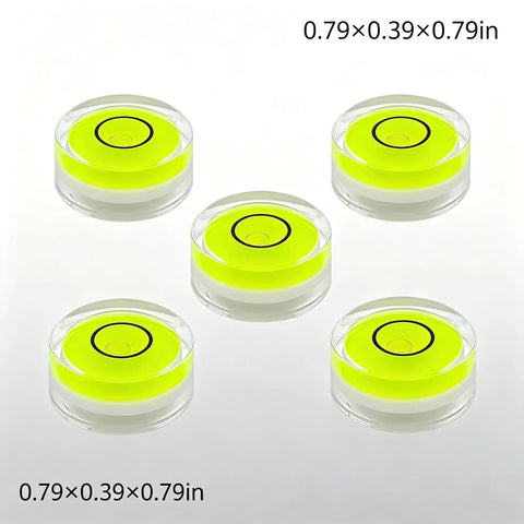 5Pcs Small Circular Bubble Levels with Double Sided Adhesive, 15mm diameter, bright green liquid for precise leveling.