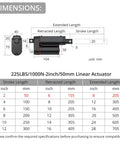 Diagram showing dimensions for Heavy Duty 12 Volt Linear Actuator Featuring A Clean Two Inch Stroke And Rock Solid Push Pull Action.