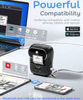 Bluetooth Portable Label Printer For Small Biz Fast Thermal Label Maker For Barcodes Addresses Clothing Pricing Mail Jewelry Cables And More Works With Phone And PC shown connected to a laptop and phone.