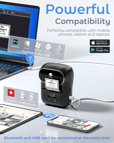 Bluetooth Portable Label Printer For Small Biz Fast Thermal Label Maker For Barcodes Addresses Clothing Pricing Mail Jewelry Cables And More Works With Phone And PC shown connected to a laptop and phone.