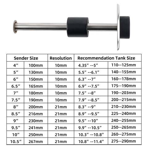 Table showing specifications of 7 Inch 180mm Electric Fuel Water Tank Level Sensor Sending Unit 240-33 Ohm for various tank sizes.