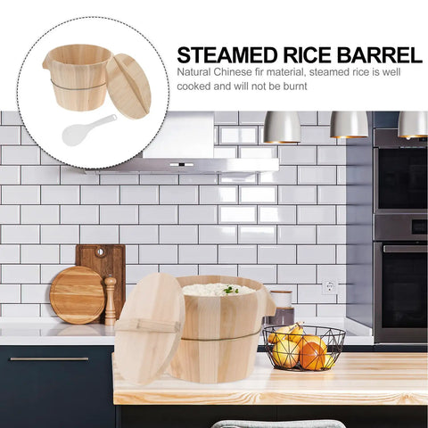Premium Wooden Rice Steamer Bucket With Secure Flat Lid And Detachable Base For Snappy Cooking And Zero Fuss Cleanup A Real Game Changer For Fluffy Everyday Grains And Family Suppers on kitchen counter with rice.