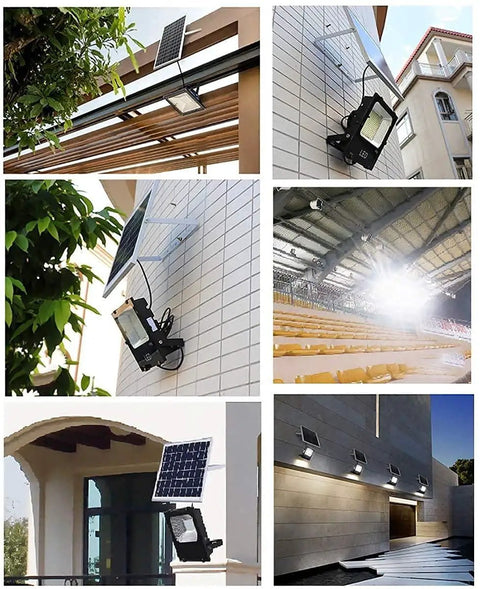 Built Tough Solar Led Flood Light With Wireless Dimmable Remote And Ip66 Waterproof Housing mounted on wall with solar panel.