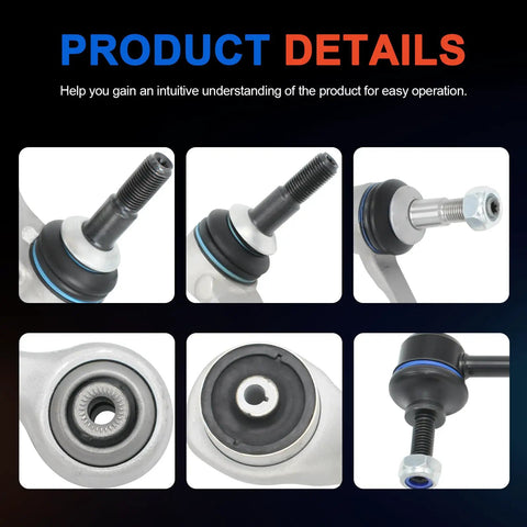 Heavy Duty Front Lower Control Arm Suspension Kit 8 Piece Set With Ball Joints Bushings For BMW F30 F31 2013 To 2018 Models close-up details of ball joints and bushings.