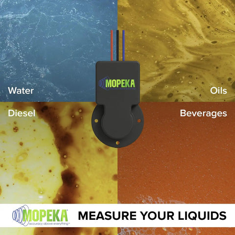 Pro200 Ultrasonic Tank Level Sensor with Bluetooth and Wired Connectivity, shown with liquid samples for water, diesel, oils, beverages