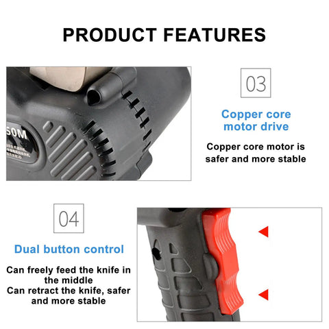 Close-up of Ratcheting Cable Cutter Kit With Case And Two Removable Batteries Automatic Wire Cutting Tool for Electrical Worksites