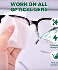 Front view of eyeglasses being cleaned with an Icepac lens wipe; moistened, individually wrapped, 5x6 inches