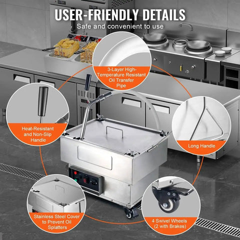 Wlikoci Commercial Mobile Fryer Filter Machine With 18 Litre Oil Tank And 10 Liter Per Minute Fast Filtration Speed For Deep Frying Grease Cleaning Portable Heavy Duty Restaurant Kitchen Equipment with user-friendly details.
