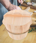 Kickin Flavor Infusion Starts With This Handmade Wooden Rice Steamer Bucket And Tight Fitting Lid Built On A Heavy Duty Stable Base Along With Heat Safe Handles For Daily Meal Prep, flat wooden lid view.