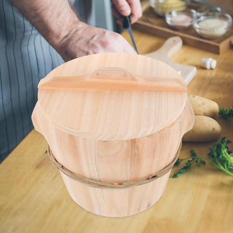 Kickin Flavor Infusion Starts With This Handmade Wooden Rice Steamer Bucket And Tight Fitting Lid Built On A Heavy Duty Stable Base Along With Heat Safe Handles For Daily Meal Prep, flat wooden lid view.