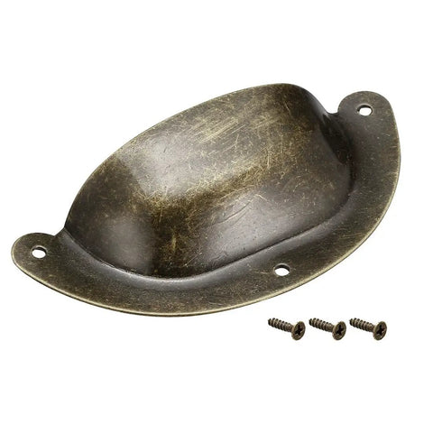 Top Shelf Vintage Bronze Cup Pulls For Kitchen Cabinets And Dressers Featuring Heavy Carbon Steel Build With Flawless 3.9 Length And 1.77 Width For A Killer 6 Pack Furniture Refresh - close-up view with screws.