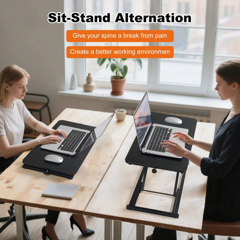 Standing Desk Converter With Adjustable Height Keyboard Riser for Stand Up Desks and Ergonomic Sit Stand Workstations in use