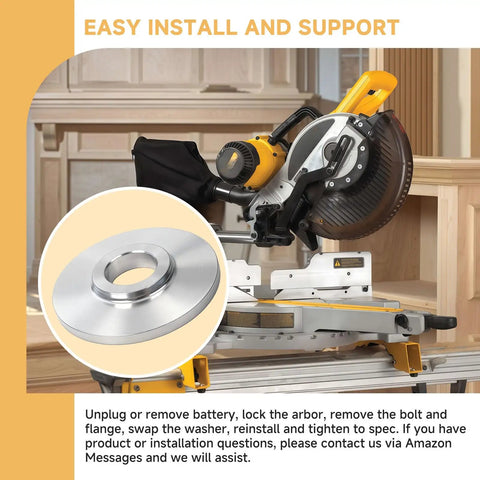 Beefed Up 12 Inch Miter Saw Washer Replacement for Blade Clamp Stack fits DWS716XPS DWS779 shown with saw and inset detail