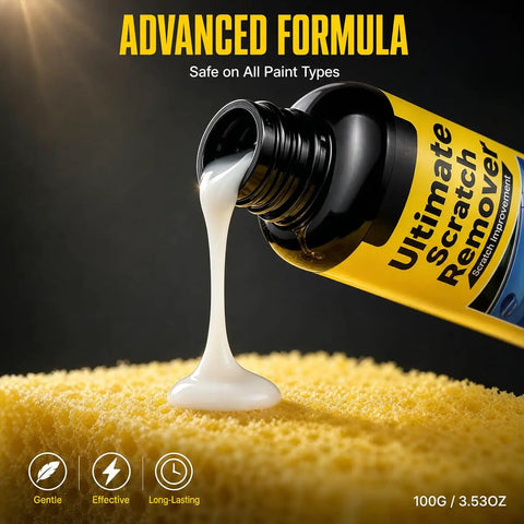 Hassle Free Auto Scratch Remover And Polish Kit pouring liquid on yellow sponge, designed for easy paint scratch removal.