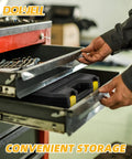 Hand placing Compact 10 Piece Small Tool Kit Set With Portable Plastic Storage Case in a drawer, showing convenient storage.