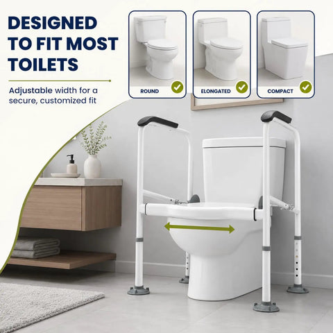 Rock Solid Toilet Safety Rail For Seniors With Heavy Duty Adjustable Steel Frame And A Darn Sure 330 Pound Capacity For Easy Bathroom Transfers And Dependable Home Support, designed to fit most toilets.