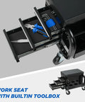 Heavy Duty Rolling Tool Box With Three Built In Drawers Paired With Comfy Mechanic Stool showing open drawers with tools