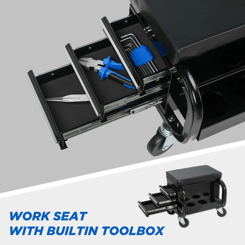 Heavy Duty Rolling Tool Box With Three Built In Drawers Paired With Comfy Mechanic Stool showing open drawers with tools
