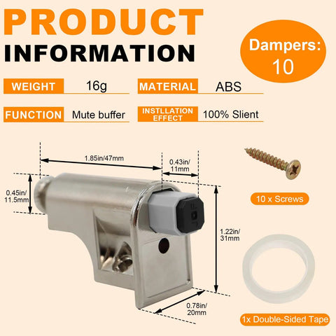 10 Pack Heavy Duty Soft Close Cabinet Hinges With Strong Grip Adhesive Tape Adjustable Slow Close Door Dampers For Kitchen Cupboards showing dimensions and features.