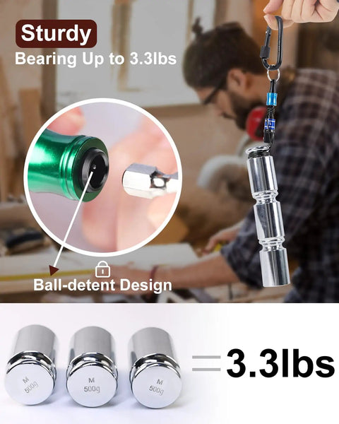 6-Pc Aluminum 1/4 Inch Hex Shank Screwdriver Bits Holder Kit with Quick Change Extension, showing ball-detent design, hanging from a carabiner, supports 3.3lbs.