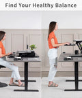 Woman using No Brainer Height Adjustable 25 Inch Standing Desk Converter For Sit And Stand Setup, showing sitting and standing positions.