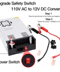 Beefy 12V 50A 600W DC Power Supply Converter with clamp wires and safety switch, adjustable output for electronics