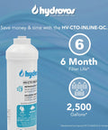 10 Inch Inline Carbon Water Filter For Refrigerator And Ice Maker With Slick 1 4 Inch Quick Connect Nips on a blue background.