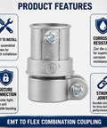 Half Inch EMT To Flex Combination Squeeze Coupling With Snap In Design For Quick Tool Free Install Connects One Half Inch EMT To Flexible Conduit With Durable Zinc Alloy Silver Finish Perfect For DIY Electrical Projects. Center view of 1/2 inch zinc die-cast EMT to flex coupling
