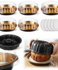 All In One Cake Baking And Transport Kit with nonstick 9.5 inch ring pan, five 9 inch cake boards, and carriers with lids displayed.