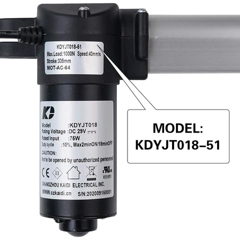 Replacement Linear Actuator For Power Recliner Lift Chair Heavy Duty Motor Compatible With Kaidi Model KDYJT018-51 close up of model details and specifications.