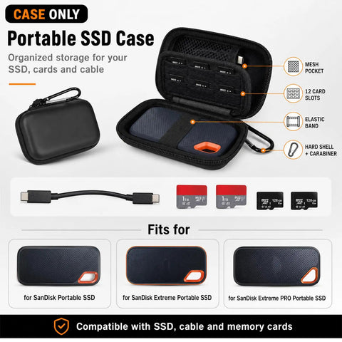 Open and closed Hard Shell SSD Case For SanDisk Extreme Portable SSD Old And New Models And Extreme PRO, shown with accessories.