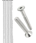 Two A4-70 stainless steel flat head socket cap screws from 1510-piece kit, metric coarse thread, with size chart in background.