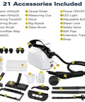 Waitbird 4.5 Bar High Pressure Steam Cleaner With 21-Piece Accessories Kit showcases various tools including brushes, mop pads, and measuring cup.