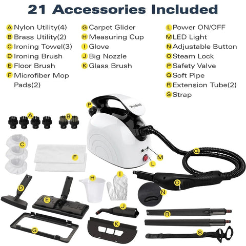 Waitbird 4.5 Bar High Pressure Steam Cleaner With 21-Piece Accessories Kit showcases various tools including brushes, mop pads, and measuring cup.