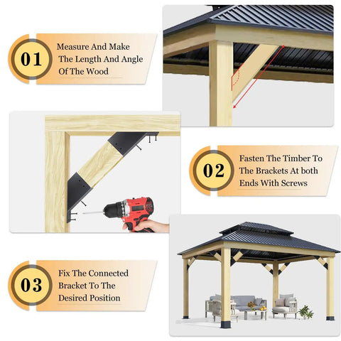 Installation steps for 8 Pack 45 Degree Pergola Brackets With Drainage Holes For Gazebos And Pergolas, Fits 2x4 Lumber, Heavy Duty Steel
