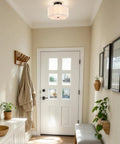 Three Light Semi Flush Mount Ceiling Light Fixture In Black Finish With White Fabric Drum Shade for entryway lighting