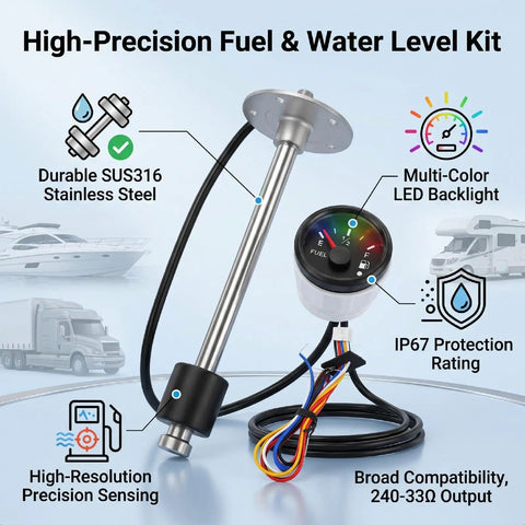 Rock Solid Fuel Water Level Sending Unit Gauge Kit With Hella Accurate 240 33 Ohm Stainless Steel Sender Sensor for Boat Truck RV Car featuring smooth reading black dial display.