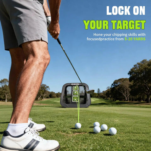 Golfer using Two In One Golf Chipping Practice Net For Backyard Foldable Two And A Half Feet Includes Ground Stakes
