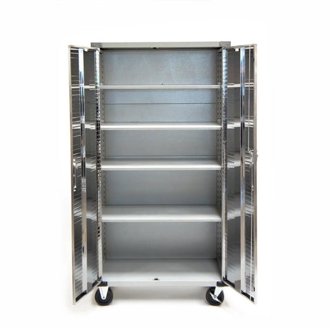 Rock Solid Built Tough Steel Rolling Storage Cabinet With Lockable Double Doors Adjustable Shelves And Heavy Caster Wheels For Garage Shop Organization Granite Finish, open view showcasing adjustable shelves.