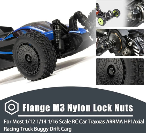 Heavy Duty M3 Flange Lock Nuts With Nylon Insert For Killer Grip That Gonna Hold Tight On 1 12 RC Crawlers DIY Furniture Or Shop Builds In Clean Aluminum 12 Piece Set on RC car tire.