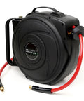 3/8 Inch By 25 Foot PVC Air Hose With 3 Foot Lead In And Auto Retracting Latch System, polypropylene case, front view.